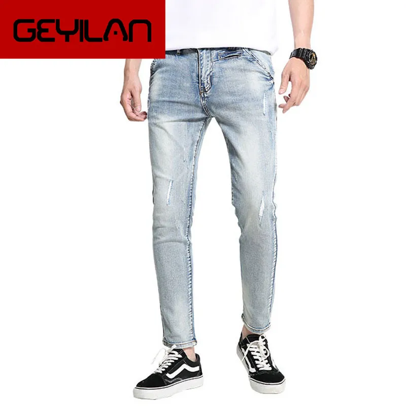 

Jeans Men 2019 Summer New Korean jeans Men's Mid-rise Micro-elastic Loose Straight jeans Light Blue Denim trousers Size 28-34