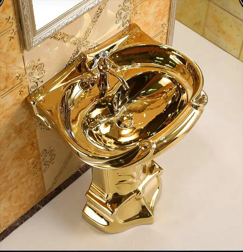 Мозаичный Золотой винтажный роскошный умывальник-стойка керамическая раковина для ванной комнаты с подставка Подиум умывальник с закрытым соединением люкс с переливом
