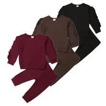 Осенне-зимний комплект одежды для малышей, однотонный Повседневный хлопковый топ для маленьких мальчиков и девочек, футболка и штаны, леггинсы, комплект из 2 предметов