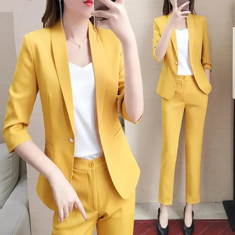 Heydress, Осенний Однотонный женский Тонкий Блейзер, костюм для офиса, Женский блейзер с одной пуговицей размера плюс, желтый, белый, комплект из двух предметов