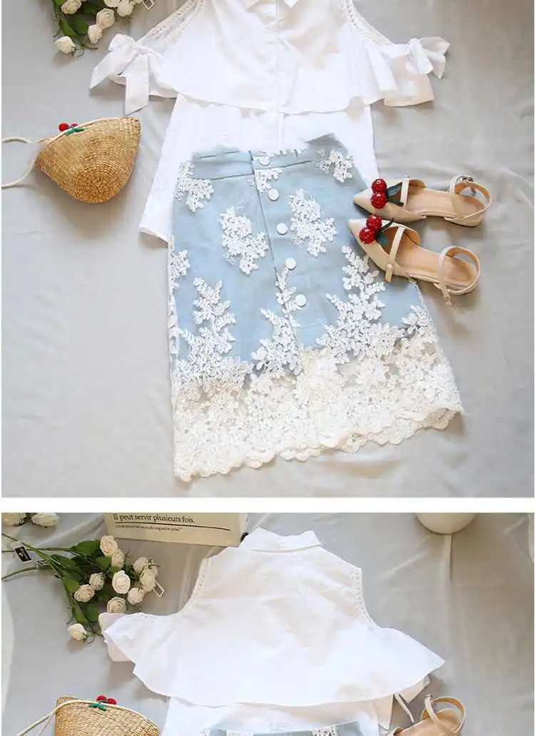 New Summer Women Embroidery Lace Skirt Set Sweet 2 Piece Half Sleeve Bowknot Shirts And Denim Midi Skirt Suit