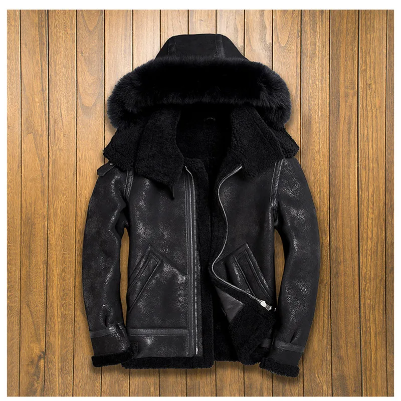 

2020 New Fox Fur Trimmed Hooded Real Fur Shearling Jacket Black Slim Classic Winter Real Natural Sheepskin Clothing