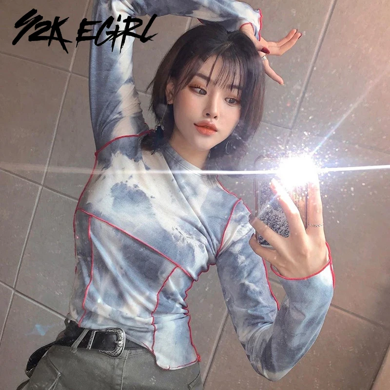 

Y2K EGIRL Harajuku Tie Dye Stitch Long Sleeve Patchwork T-shirts Autumn Slim Crewneck Ruffles Tops 90s Fashion Autum Casual Tee