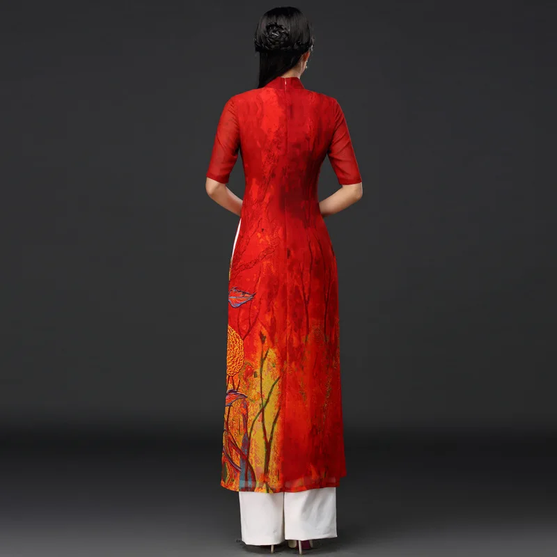 ao dai комплект азиатской одежды вьетнамская одежда ao dai вьетнамская женская шифоновая длинная одежда с коротким рукавом+ вечерние Брюки