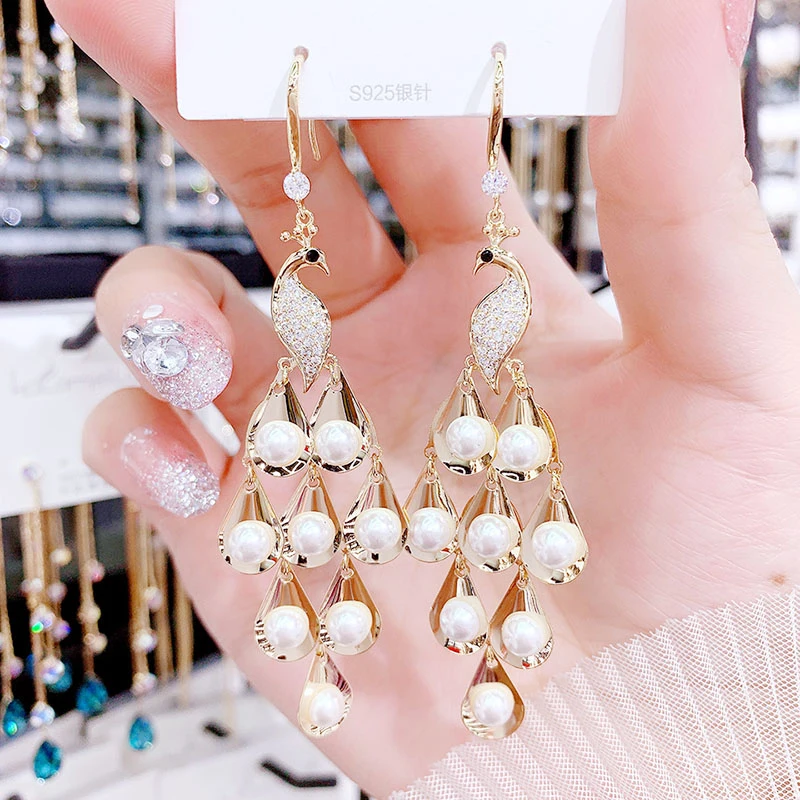 Exaggerated Peacock Pearl Earrings exquisite Women jewelry party accessory Pendant High Quality vintage Trend Hanging earrings | Украшения