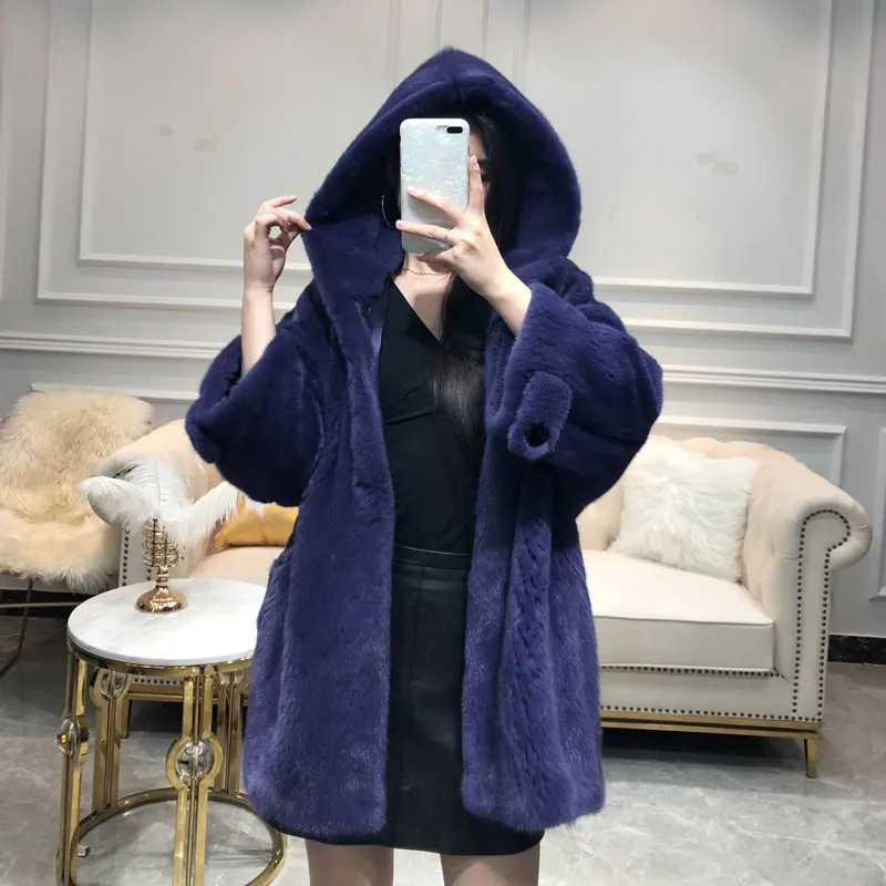 

Mink Whole Fur Women Regular Skirt Coat with Hood Winter Thick Warm Female Mink Fur Jacket