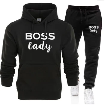 

New Tracksuit Men set boss lady Print Hooded Sweatshirts set Fleece Hoodies Sportswear Set Sweatpants Hoodies Men's 2 piece set
