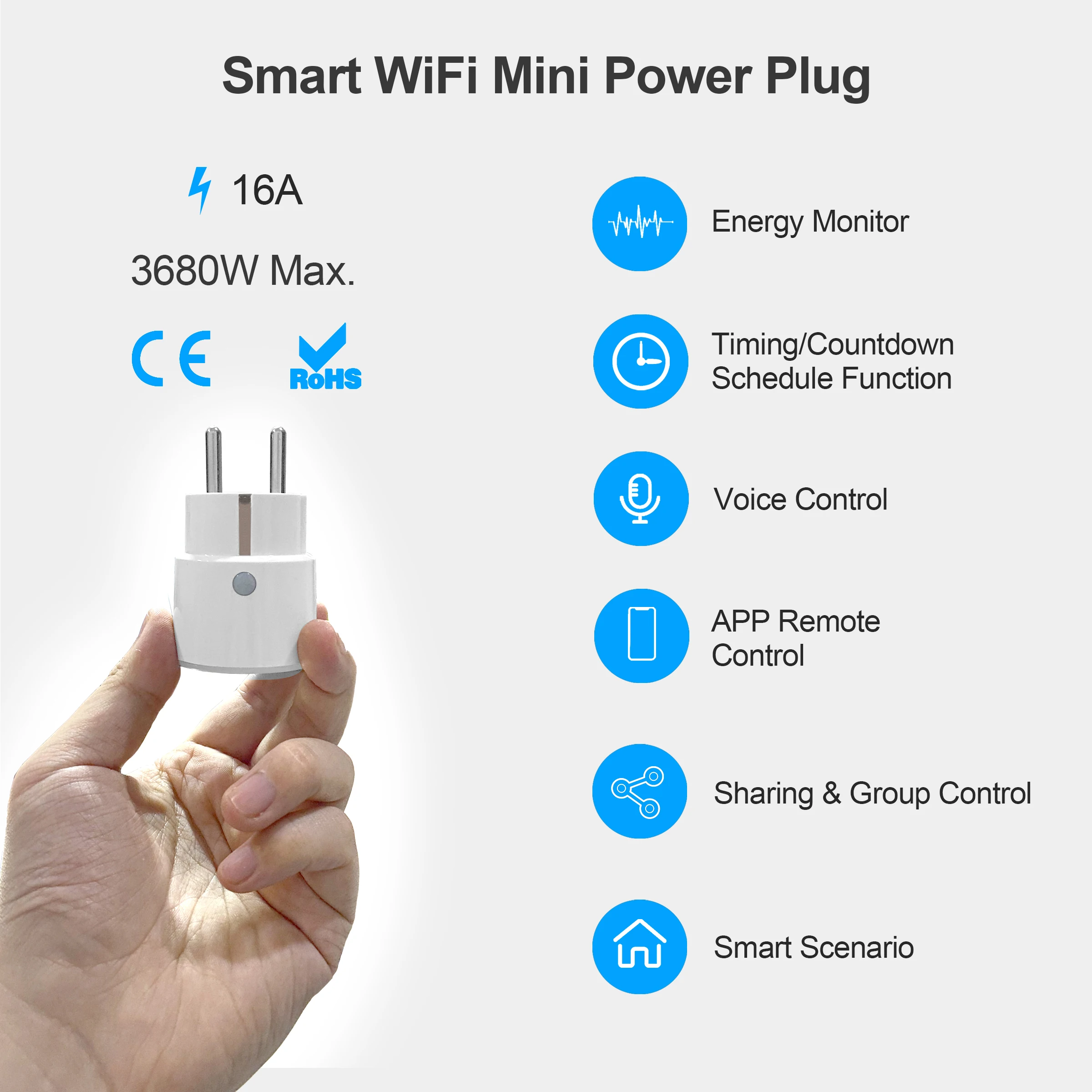 Умная штепсельная Мини розетка стандарта ЕС с Wi Fi 16 А и монитором питания TuyaSmart