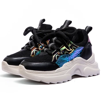 

Genuine Leather Women Shoes 2020 Autumn Round Toe Black Beige Dad Shoes Chunky Sneakers Basket Femme Size 35-40 Y006