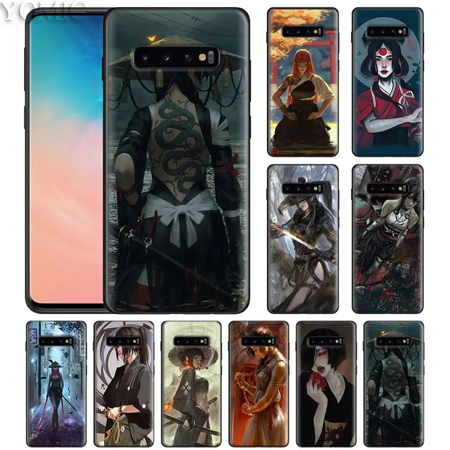 

Japanese Woman Samurai Black Case for Samsung Galaxy S10 5G S10e S9 S8 S7 Note 10 + Plus 9 8 Silicone Bags Phone Coque Cover Sac