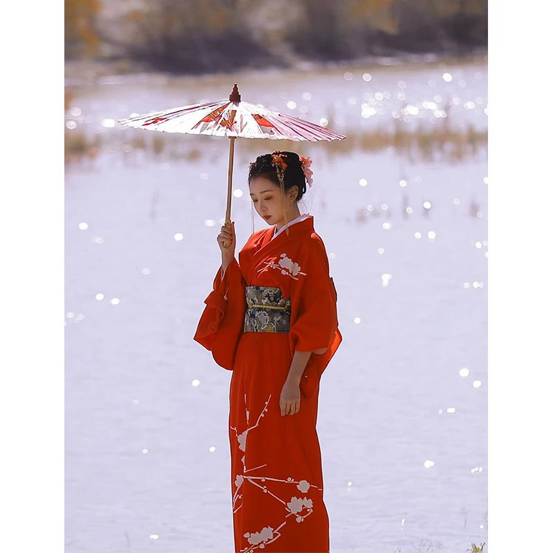 Women's Kimono Robe Traditional Japan Yukata Little Red Winter Plum Dress  Performing Wear Cosplay Clothing Polyester