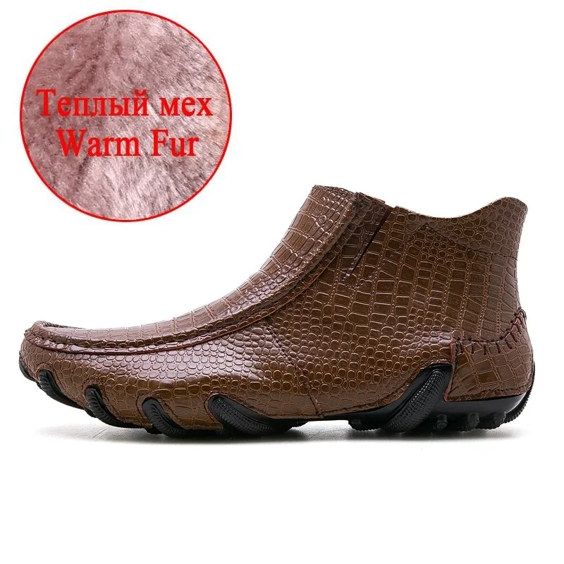 brown slip on fur Мужские ботинки «Челси» из коровьей замши; ботильоны martin; модные мужские брендовые кожаные качественные ботинки без шнуровки; мужские теплые ботинки в байкерском стиле - Цвет: brown slip on fur