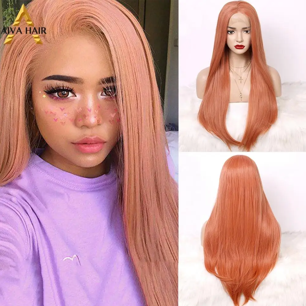 Aiva Hair High Density Orange Pink Wig Heat Resistant Red Synthetic Lace Front Glueless Long Straight Cosplay Wigs For Women | Шиньоны и