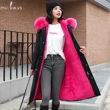 Pinkyisblack-30 graus de neve usar longo parkas inverno jaqueta de pele feminina com capuz roupas femininas forro de pele grosso casaco de inverno(China)