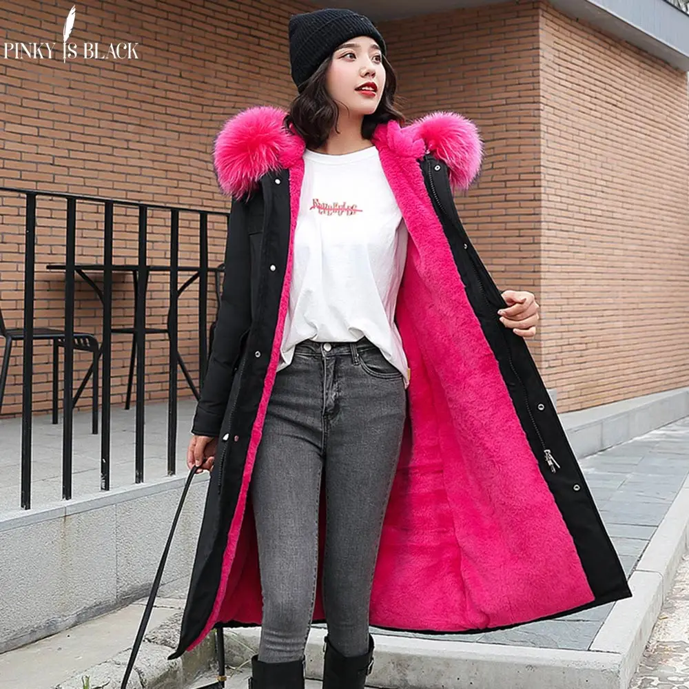 Meilleur PinkyIsBlack 30 degrés vêtements de neige longue Parkas veste d hiver femmes fourrure à capuche vêtements femme fourrure doublure épaisse manteau d hiver femmes