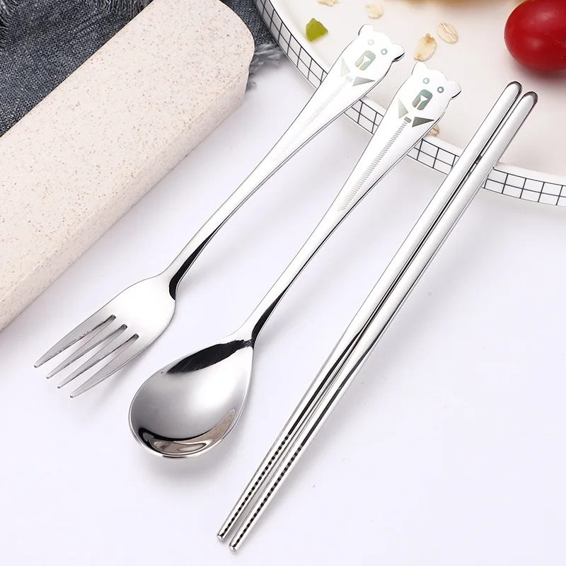 3PCS/SET Cartoon Cute Bear Stainless Steel Travel Dinnerware Set Cutlery Fork Set For Kids Children Tableware