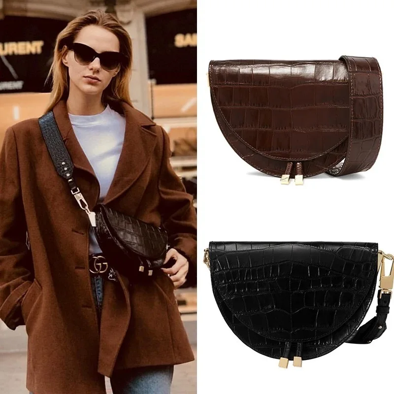 

Fashion Alligator Leather Saddle Bag Women Luxury Shoulder Bags Small Round Handbag Spring And Summer Crossbody Messenger Bags