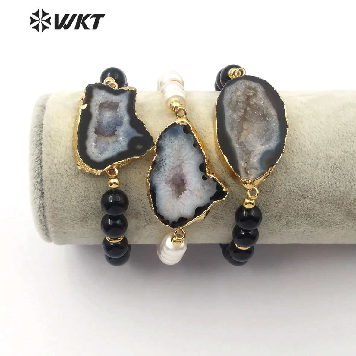 

WT-B492 WKT Natural Druzy Geode Stone ＆Pearl Gold Electroplated Bracelet Women Fashion Charm Bracelet Jewelry