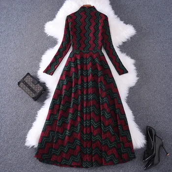 

Women Dress Long Sleeves 2020 Spring Women's New Bow Collar Stripes Lace Slim A-Line Elegant Dress Over The Knees S-XL