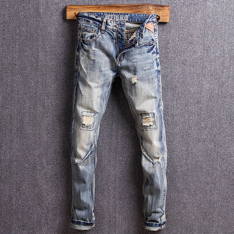 Американские уличные модные мужские джинсы наивысшего качества разрушенные байкерские Брюки Homme рваные джинсы мужские ретро мыть