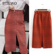 BTB. WO Модные женские тонкие клетчатые юбки с принтом для работы, винтажные элегантные офисные женские элегантные юбки до середины икры с разрезом на молнии