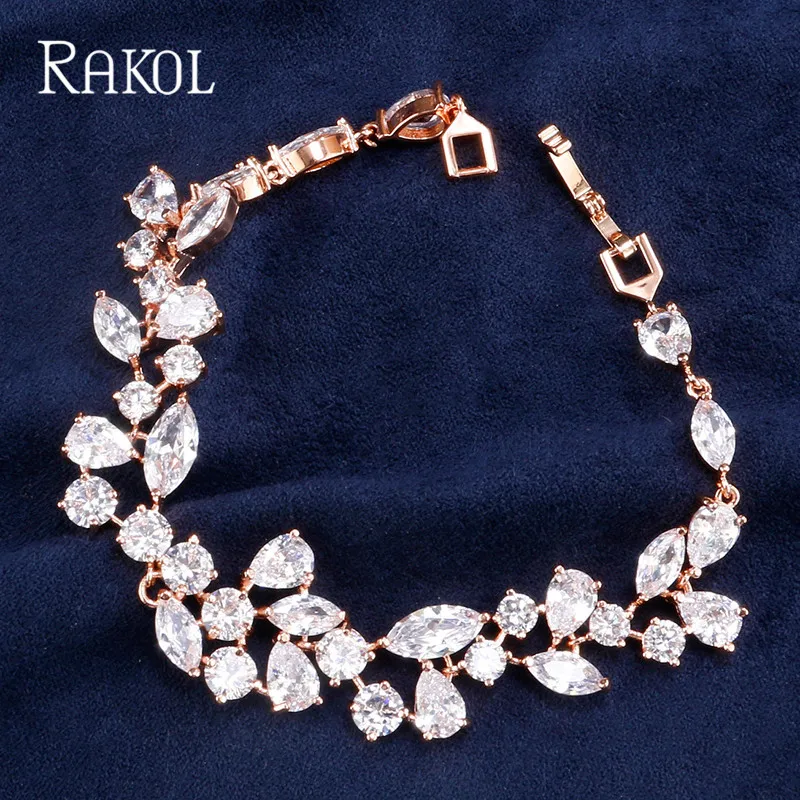 Роскошные браслеты RAKOL с фианитами кристаллами и листьями цепочка из розового