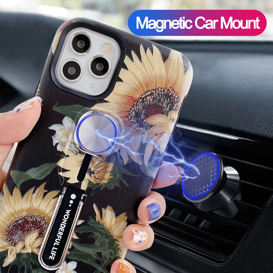 Axbety для iPhone 11 XR 8 X XS MAX 7 Plus 6 6s чехол Ins Flower Leaves гибкая петля подставка 2 в 1 Адсорбция