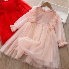 Платье с длинными рукавами для девочек; коллекция года; весенняя одежда; Новинка; Корейская версия; кружевное Повседневное платье принцессы с вышивкой в сеточку