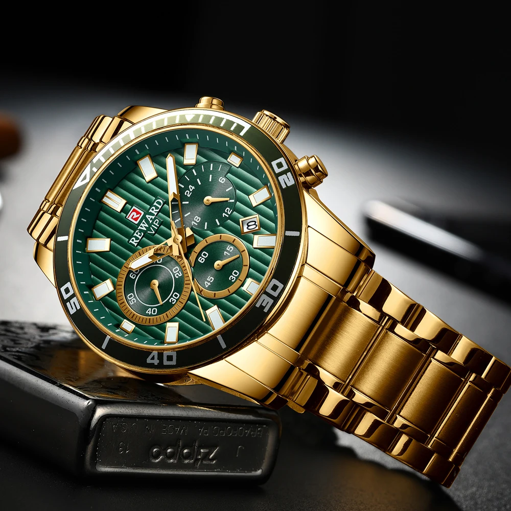 Награда люксовый бренд мужские спортивные часы золотые полностью Стальные кварцевые часы мужские бизнес хронограф Analgue наручные часы мужские золотые часы