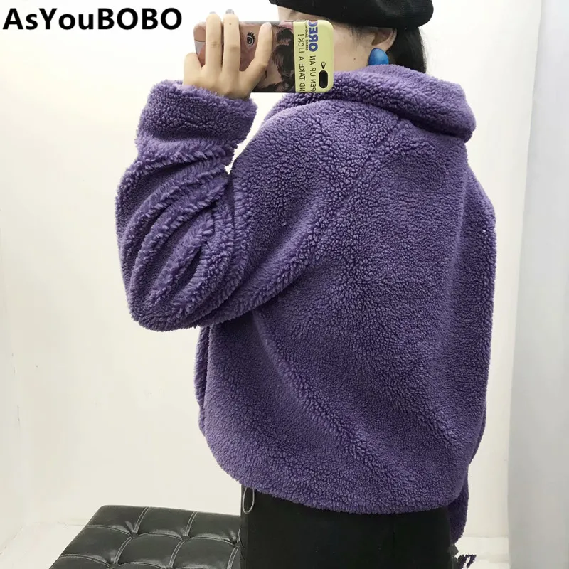 Harajuku винтажная модная теплая зимняя однотонная фиолетовая куртка на молнии Женская короткая куртка из овечьей шерсти зимнее пальто YQ-1065