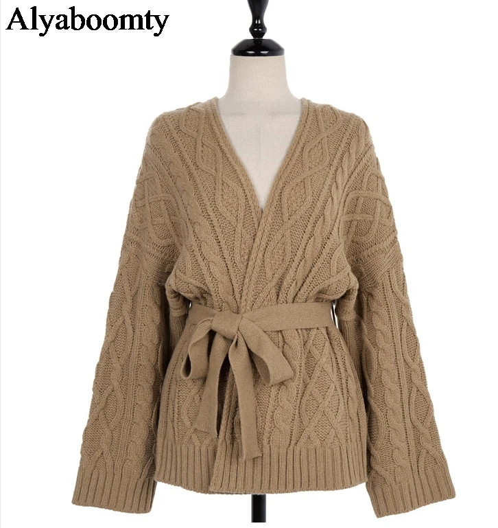 New Korean Style Autumn Winter Women Sweater Ulzzang Oversized V Neck Knitted Cardigan Thick Warm Loose Elegant Bandage Overcoat - Цвет: Khaki
