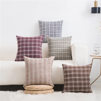 

45x45cm Retro Style Checked Cushion Cover Sofa Linen Plaid Pattern Pillowcase Lumbar Pillow Cover Backrest