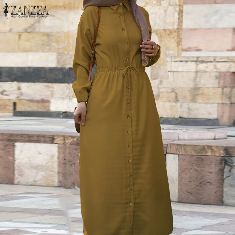 Retro Muslim Shirt Dress Womens Puff Sleeve Sundress ZANZEA 2020 Casual Drawstring Maxi Vestidos Female Button Robe Oversized
