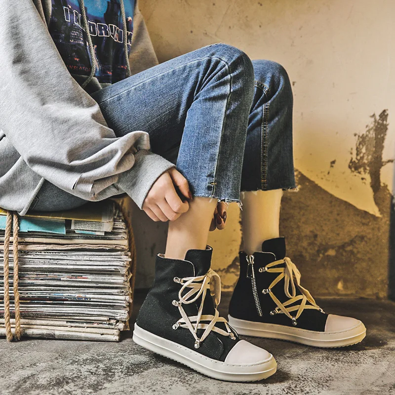 

CINESSD Canvas Shoes Woman Flat High Top Casual Sneakers Women 2020 Spring Zipper Women Sneakers Black Couple Shoes Female Solid