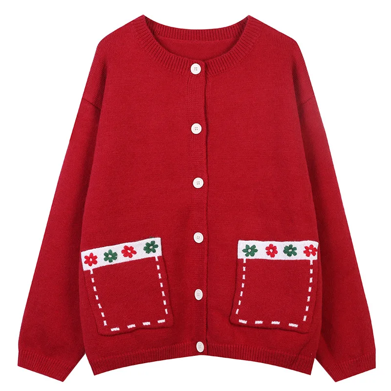 

Red Chrismtas Sweater Cardigan 2020 Women Round Neck Floral embroidered Pockets Loose Lazy Knit Jersey Coat