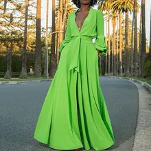 Зеленое повседневное длинное платье с рукавом-фонариком Макси платье женское сексуальное с глубоким v-образным вырезом Клубные женские африканская Роба вечерние элегантные платья