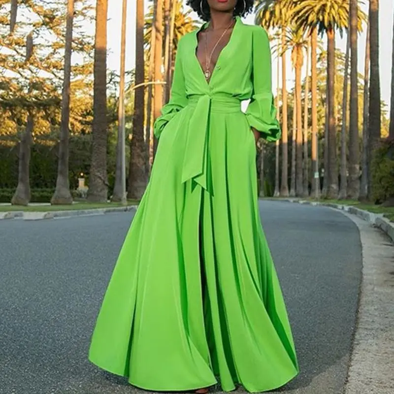 

Green Casual Long Dresses Lantern Sleeve Maxi Dress Women Sexy Deep V Neck Club Ladies 2019 African Robe Party Elegant Vestidos
