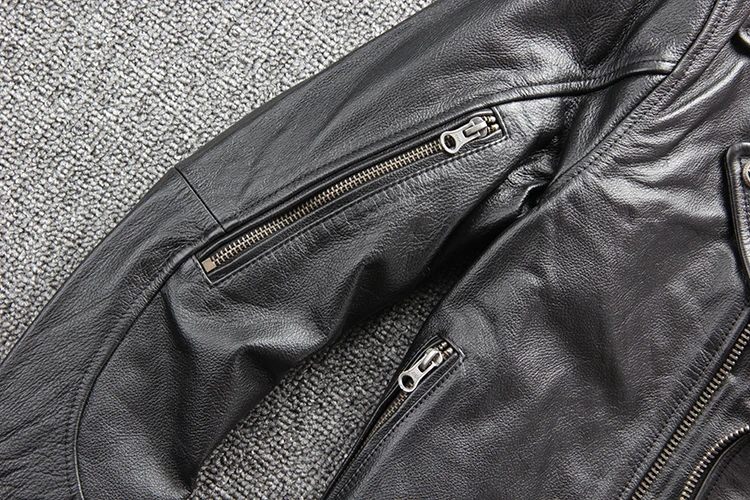 ABOORUN Men's Genuine Cowhide Leather Jacket Black Slim Motorcycle Biker Real Leather Jacket for Male R3291