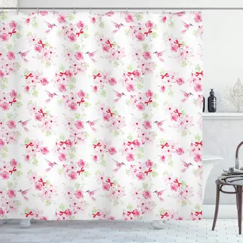 

Hummingbirds Decorations Collection, Hummingbirds and Bunches with Magnolias Roses Pattern Floral Design, Polyester Fabric