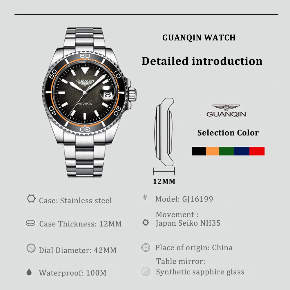 Guanqin Automatic Mechanical Watch NH35A Men's Watch Sapphire Fashion Sports Stainless Steel Waterproof Luminous New