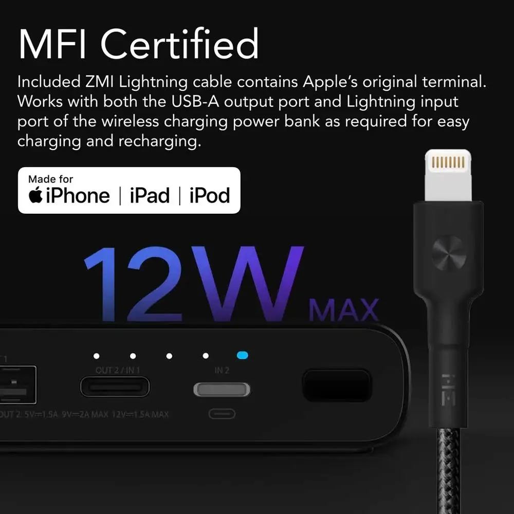 ZMI 10000 мАч беспроводной внешний аккумулятор Двойной USB-C 18 Вт макс WPB100 для зарядки молнии 10 Вт макс Qi Сертифицированный нескользящий коврик