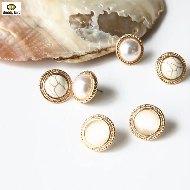 

Japan Round Marble Opal Stone Big Stud Earrings For Women cute Temperament Simulated Pearl Brinco Round Boucle D'oreille Brincos