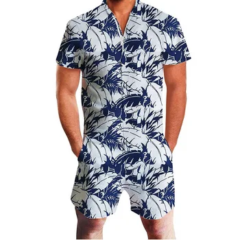 

Nice Men Fashion Hawaiian Print Short Sleeve Overalls One Piece Printed Cargo Pants Men VogueV-Neck Jumpsuit Knee Length Pants