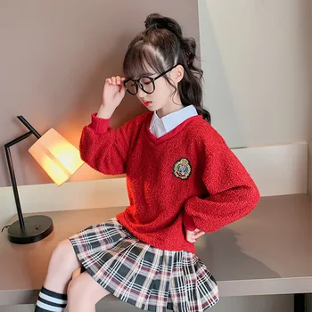 

Teen Girls Dress College Style Fake Two-piece Pleated Dress 2020 Autumn Children Long Sleeve Stitching Plaid Dress 10 12 13 Y
