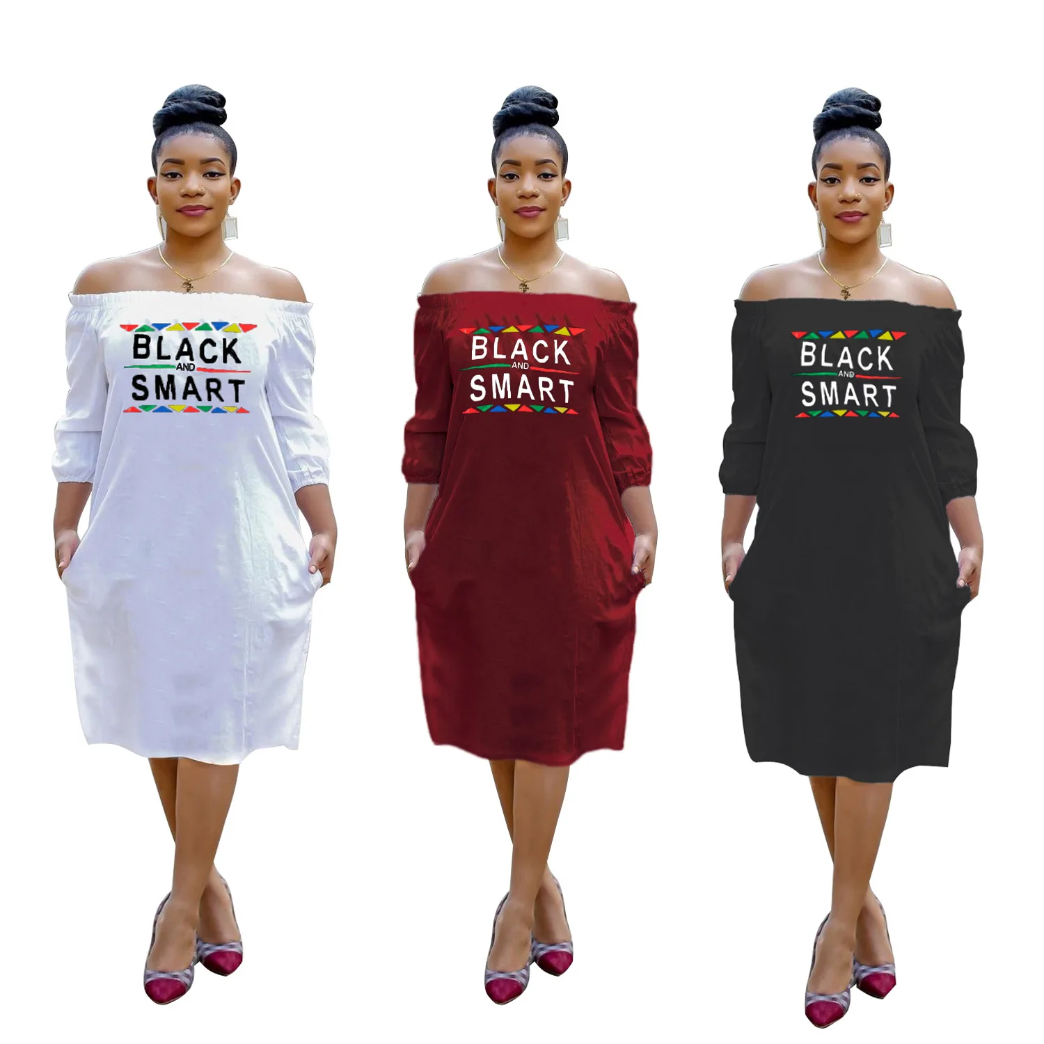 

Colorized Letter Print Long Sleeve Slash Collar Loose Personality Women Knee Length Dress Fashion Street Outfits