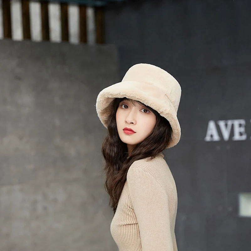 Faux Fur Winter Bucket Hat For Women Girl Fashion Solid Thickened Soft Warm Fishing Cap Outdoor Vacation Hat Cap Lady Panama