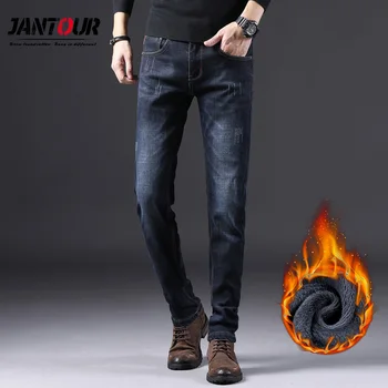 

Jantour winter Warm Fleece Men's Jeans thick Stretch Denim Jeans skinny Fit Fluff casual Trousers Cotton Pants men Large size