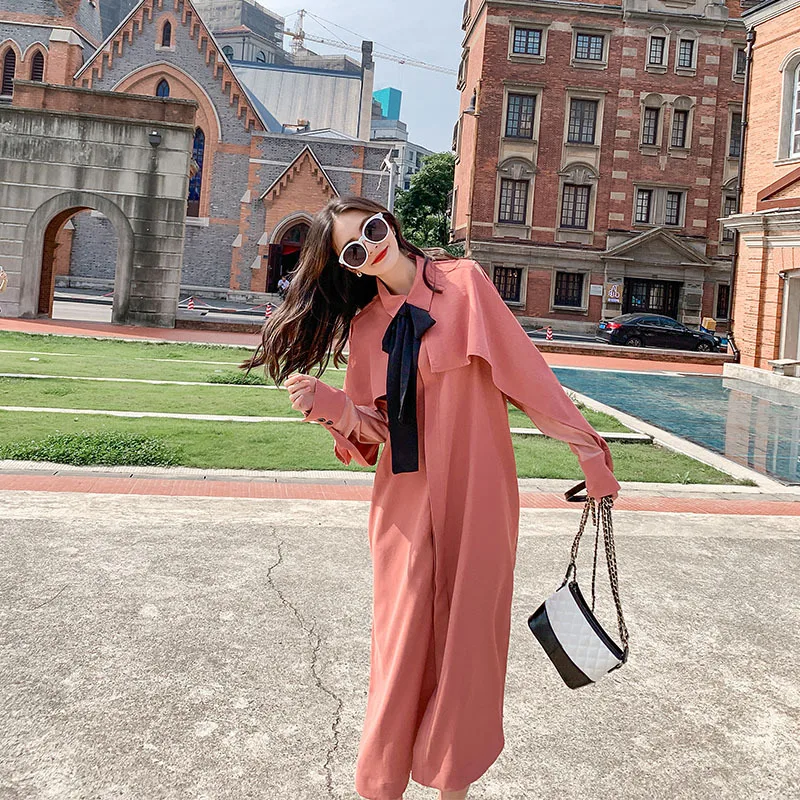 

2020 Autumn New Style Mid-length Skirt Korean-style Fashion Elegant Cool Lace-up Cape-Sleeve Windbreaker Dress