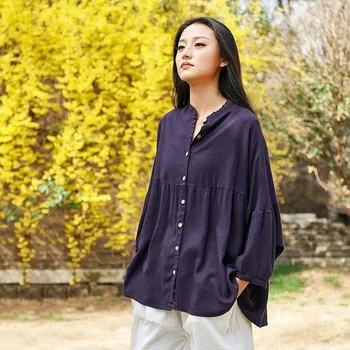 

NINI WONDERLAND 2020 Spring Shirt Cotton Linen Tops Women Batwing Sleeve Shirt Plus Size Female Solid Big Size Autumn Blouse