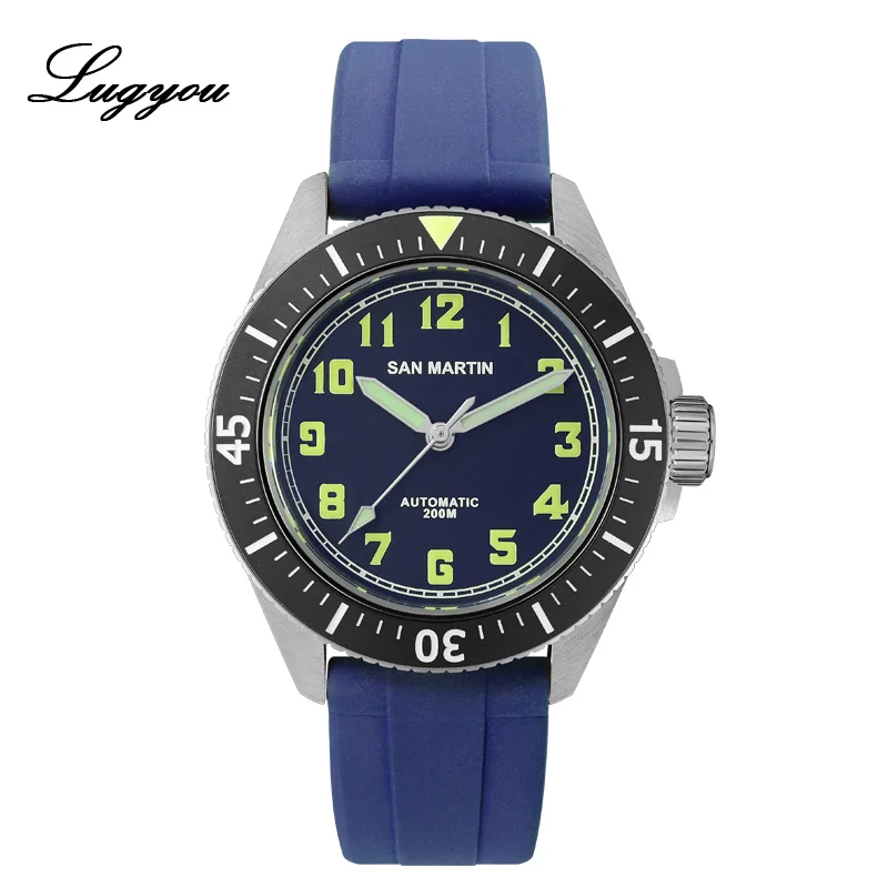 Lugyou San Martin Diver Watch Stainless Steel Automatic Ceramic Rotating Bezel 200m Water Resistance Rubber Band Luminous Dial - Color: Blue With Logo